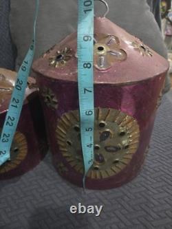Rare Pair Of Vintage Painted Mexican Tin Lantern Covers