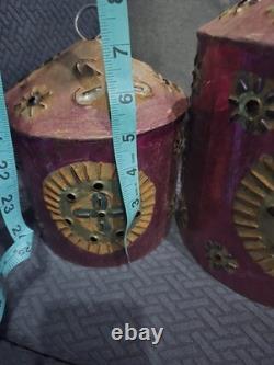 Rare Pair Of Vintage Painted Mexican Tin Lantern Covers
