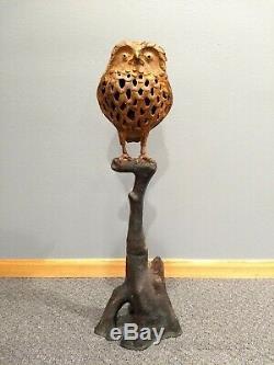 Rare VTG Antique Japanese Cast Iron Owl Lantern Sitting On Branch Stand Metal