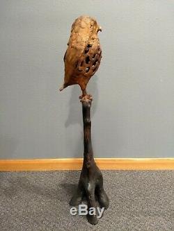 Rare VTG Antique Japanese Cast Iron Owl Lantern Sitting On Branch Stand Metal