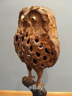 Rare VTG Antique Japanese Cast Iron Owl Lantern Sitting On Branch Stand Metal