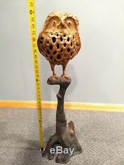 Rare VTG Antique Japanese Cast Iron Owl Lantern Sitting On Branch Stand Metal