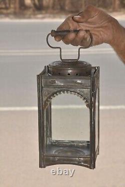 Rare Vintage Early Iron Candle Lamp/Lantern With Glass Panels, Collectible