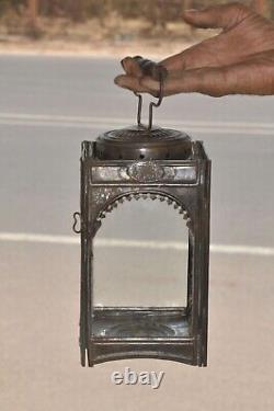 Rare Vintage Early Iron Candle Lamp/Lantern With Glass Panels, Collectible