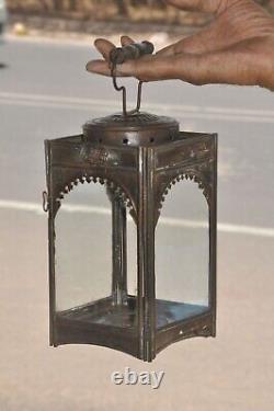 Rare Vintage Early Iron Candle Lamp/Lantern With Glass Panels, Collectible