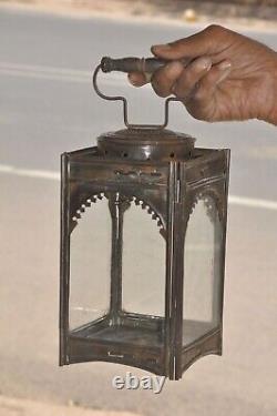 Rare Vintage Early Iron Candle Lamp/Lantern With Glass Panels, Collectible
