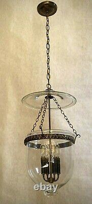 Rare Vtg Large 4-Lights Bell Jar Lantern Pendant Chandelier Brass Clear Glass