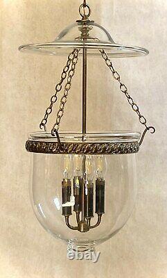 Rare Vtg Large 4-Lights Bell Jar Lantern Pendant Chandelier Brass Clear Glass