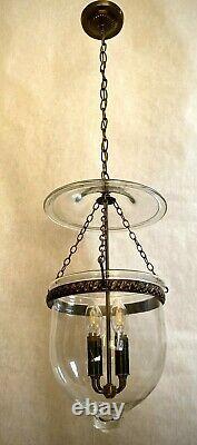 Rare Vtg Large 4-Lights Bell Jar Lantern Pendant Chandelier Brass Clear Glass