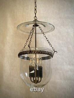 Rare Vtg Large 4-Lights Bell Jar Lantern Pendant Chandelier Brass Clear Glass