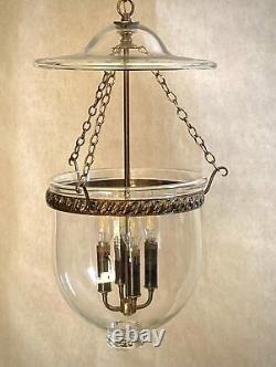 Rare Vtg Large 4-Lights Bell Jar Lantern Pendant Chandelier Brass Clear Glass