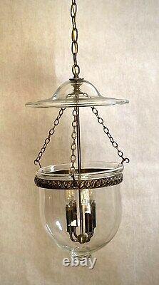 Rare Vtg Large 4-Lights Bell Jar Lantern Pendant Chandelier Brass Clear Glass