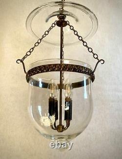 Rare Vtg Large 4-Lights Bell Jar Lantern Pendant Chandelier Brass Clear Glass