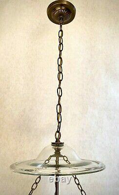 Rare Vtg Large 4-Lights Bell Jar Lantern Pendant Chandelier Brass Clear Glass