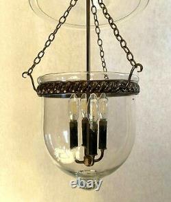 Rare Vtg Large 4-Lights Bell Jar Lantern Pendant Chandelier Brass Clear Glass