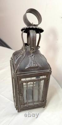 Rare antique early 19th century French #1 steel glass candle holder lantern