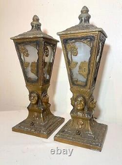 Rare pair antique Indian Chief native ornate figural boudoir table lantern lamps