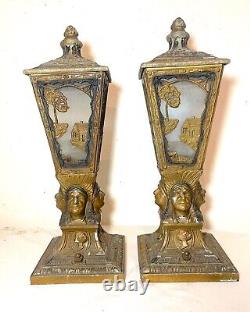 Rare pair antique Indian Chief native ornate figural boudoir table lantern lamps