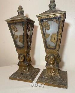 Rare pair antique Indian Chief native ornate figural boudoir table lantern lamps