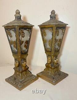 Rare pair antique Indian Chief native ornate figural boudoir table lantern lamps