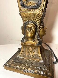 Rare pair antique Indian Chief native ornate figural boudoir table lantern lamps