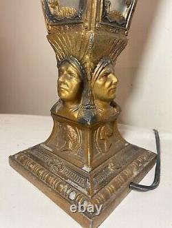 Rare pair antique Indian Chief native ornate figural boudoir table lantern lamps