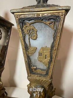 Rare pair antique Indian Chief native ornate figural boudoir table lantern lamps