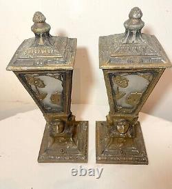 Rare pair antique Indian Chief native ornate figural boudoir table lantern lamps