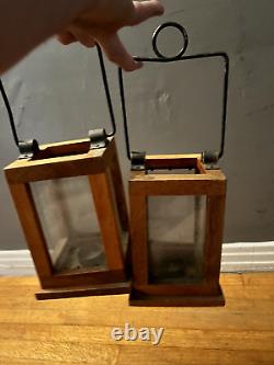 SET OF 2 Primitive old wood lantern, barn lantern, antique candle lantern HJ12