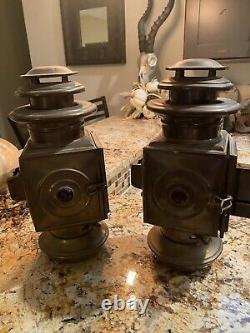 Set Of 2 Antique Ford Brass Oil Side Lamp Lantern 12x4.5