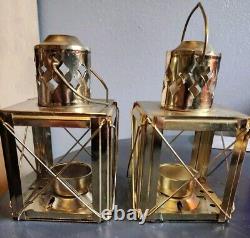 Set Of 2 Antique Nautical Ship Lanterns-Hangable Vintage Brass Candle Lantern