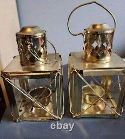 Set Of 2 Antique Nautical Ship Lanterns-Hangable Vintage Brass Candle Lantern