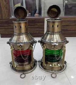 Set of 2 Antique Finish Red & Green Oil Lantern Hanging On Ship Décor Nautical