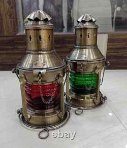 Set of 2 Antique Finish Red & Green Oil Lantern Hanging On Ship Décor Nautical