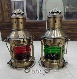 Set of 2 Antique Finish Red & Green Oil Lantern Hanging On Ship Décor Nautical