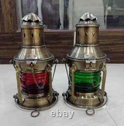 Set of 2 Antique Finish Red & Green Oil Lantern Hanging On Ship Décor Nautical