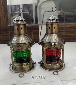Set of 2 Antique Finish Red & Green Oil Lantern Hanging On Ship Décor Nautical