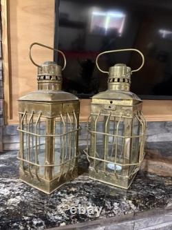 Set of 2 Brass Metal & Glass Old Hanging Ship Lantern, Antique