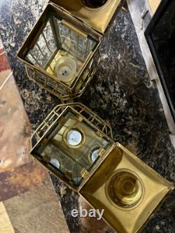 Set of 2 Brass Metal & Glass Old Hanging Ship Lantern, Antique