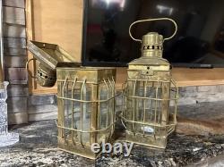 Set of 2 Brass Metal & Glass Old Hanging Ship Lantern, Antique
