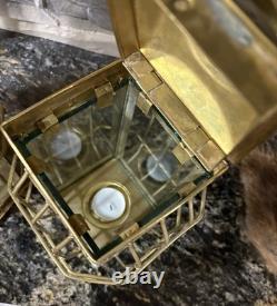Set of 2 Brass Metal & Glass Old Hanging Ship Lantern, Antique