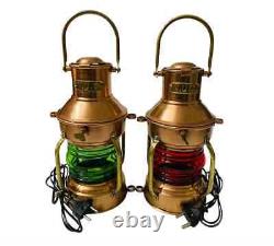 Set of 2 Maritime Antique Copper Ship Electric Lamp Lantern For Decor Handmade