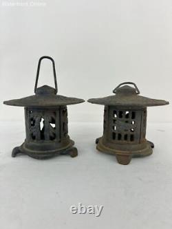 Set of 2 Vintage Japan Small Cast Iron Lantern Birds and Bamboo Motif