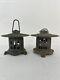 Set of 2 Vintage Japan Small Cast Iron Lantern Birds and Bamboo Motif