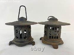 Set of 2 Vintage Japan Small Cast Iron Lantern Birds and Bamboo Motif