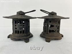 Set of 2 Vintage Japan Small Cast Iron Lantern Birds and Bamboo Motif