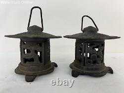 Set of 2 Vintage Japan Small Cast Iron Lantern Birds and Bamboo Motif