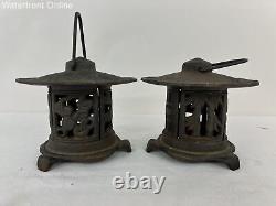 Set of 2 Vintage Japan Small Cast Iron Lantern Birds and Bamboo Motif