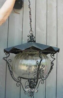 Spanish Style Lantern Hanging Lamp Chandelier Swirl Wrought iron Glass Vintage