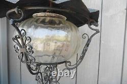 Spanish Style Lantern Hanging Lamp Chandelier Swirl Wrought iron Glass Vintage